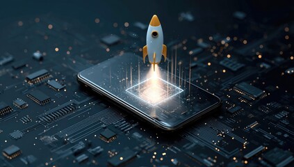 A stylized rocket blasts off from a glowing square on a smartphone, above a circuit board