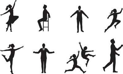 Vector silhouettes of people in various poses and activities, dancing, jumping, walking, running, lifestyle movement illustration artwork design