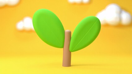 A simple stylized 3d render of a young green sprout emerging from a brown stem on a yellow background