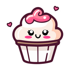 Illustration of a cute cupcake with pink frosting and heart decorations on a white background