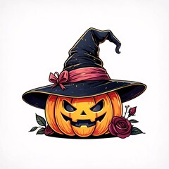 Spooky jack o lantern pumpkin wearing a witch hat with dark roses for halloween