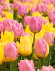 Obraz premium Vibrant pink and yellow tulips in a field. Close-up view of many blossoms