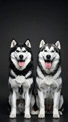 Two Siberian Huskies sitting side-by-side against a black background.  Happy and alert