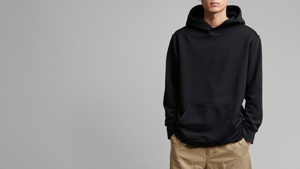 A young man stands confidently wearing a plain black hooded sweatshirt and light brown shorts
