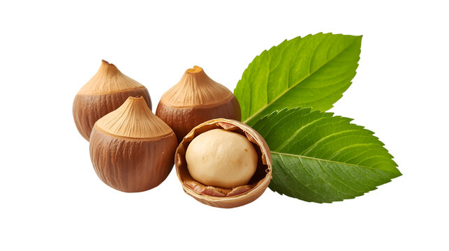 Four Hazelnuts with Green Leaves food ingredient