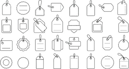 The image showcases a collection of 30 outline-style price tag icons, each with a distinct design. These icons are organized in a grid format against a clean white background, 