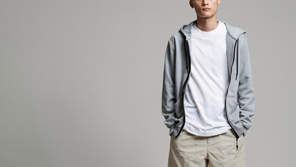 Young man in casual gray hoodie and white t shirt poses confidently against a plain background
