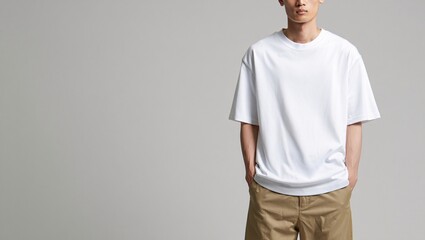 Young man wearing a loose white t shirt and tan cargo shorts standing against a plain background