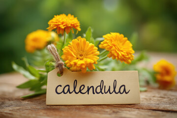 Naklejka premium Calendula flowers bunch with a wooden tag on rustic wood, representing herbal medicine and wellness