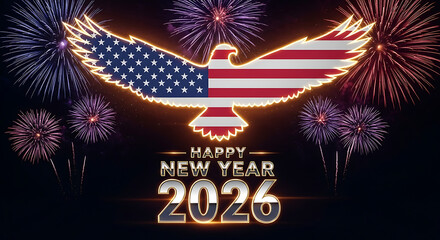 Happy New Year 2026 with American Eagle and Fireworks Celebration Backdrop
