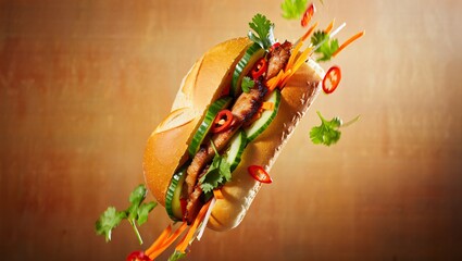 Delicious vietnamese banh mi sandwich with fresh ingredients suspended in mid air