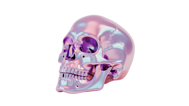 Pink and purple iridescent human skull isolated on transparent background