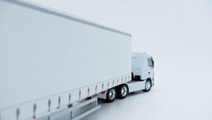 A stark white semi trailer truck is captured in a close up side view perspective against a bright white background