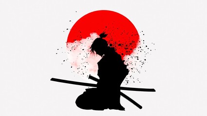 Silhouette of a samurai warrior kneeling before a vibrant red sun with a watercolor splash effect