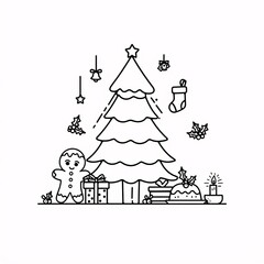 Charming hand drawn outline of a christmas tree with gifts and a gingerbread man