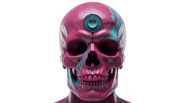 Futuristic pink skull with cybernetic eye isolated on transparent background