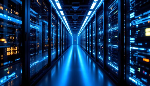 The server data center room corridor is a sleek, futuristic space with rows of humming servers and flashing lights creating a mesmerizing display of speed and motion