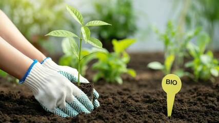 Hands planting sapling in soil with "BIO" sign, promoting organic gardening