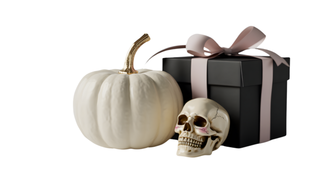 White halloween pumpkin skull and gift box isolated on transparent background