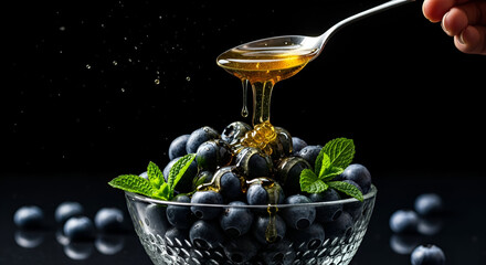 Honey dripping from spoon onto blueberries in a glass bowl
