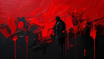 Abstract expressionist painting of a solitary figure amidst dripping red and black textures
