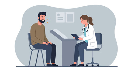 Female doctor consulting a male patient in a modern clinic office. Vector illustration of a healthcare and medical concept