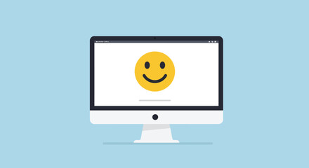 Computer screen displaying a cheerful smiley face icon on a light blue background, representing happiness and positive emotions