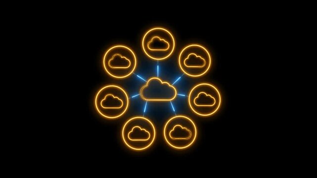 Glowing Neon Cloud Network Circles Converging, Data Flows Connecting, Security Layers, and Real-Time Orchestration in Modern Environments. 4K Video motion graphic animation.