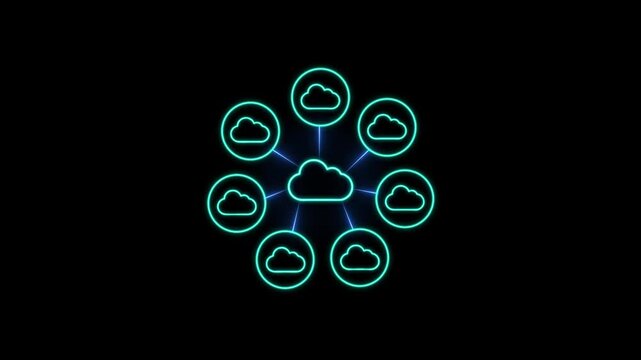 Glowing Neon Cloud Network Circles Converging, Data Flows Connecting, Security Layers, and Real-Time Orchestration in Modern Environments. 4K Video motion graphic animation.