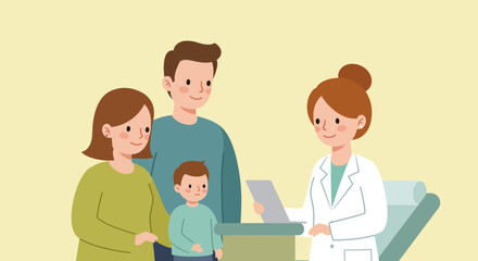Caring female doctor provides compassionate medical advice and consultation to a family with a young child, emphasizing health, wellness, and preventative care in a friendly clinic environment