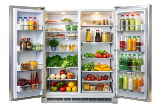 Open refrigerator filled with various food, drinks, and bottles on shelves, isolated on transparent background.png