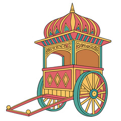 Colorful indian chariot with ornate details and a domed roof on white background