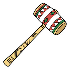 A colorful cartoon illustration of a wooden club with geometric tribal patterns and a white background