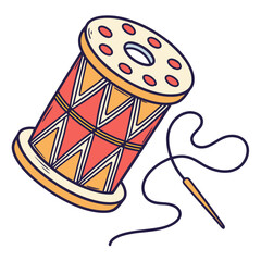 Vintage style sewing spool with needle and thread on a white background