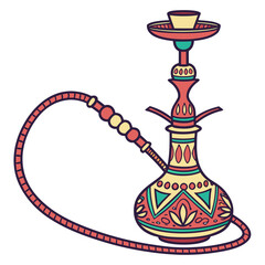 Colorful decorative hookah with ornate patterns and a long flexible hose on a white background