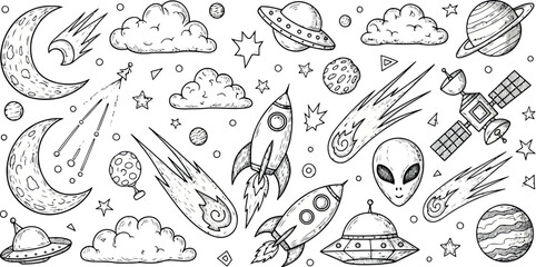 Vector art of cosmic collection of space elements including planets, rockets, and aliens