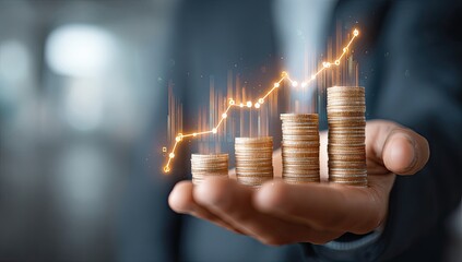 A hand holds stacks of coins, with an illuminated growth chart overlaying them, showcasing finance