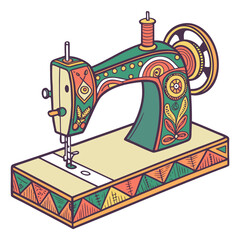 Vintage sewing machine with colorful folk art inspired decorative patterns and floral motifs
