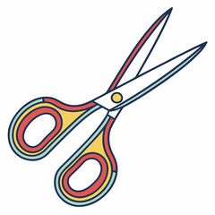 Colorful cartoon illustration of open scissors with red yellow and blue handles on a white background