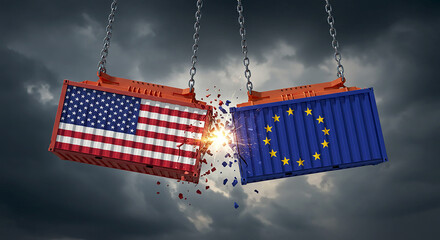 US EU Trade War Collision of American and European Union Economies Under a Dark Sky Conflict Commerce Globalization and