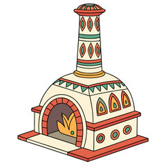 Colorful and decorative traditional oven with a chimney and visible flames inside