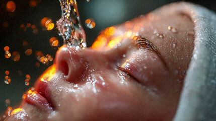 Fototapeta premium Close-up of a child face with water streaming down, showing texture and emotion in natural light