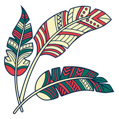 Three decorative tribal patterned feathers in red green and cream colors on a white background