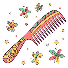 Whimsical hand drawn illustration of a decorative comb surrounded by colorful butterflies and stars