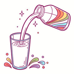 Rainbow liquid being poured from a bottle into a clear glass with colorful splashes and sparkles