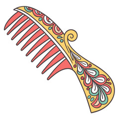 Decorative antique hair comb with ornate colorful patterns and red teeth isolated on white background