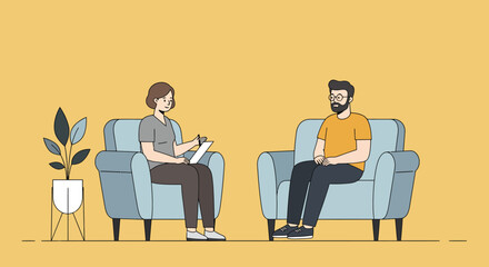 Fototapeta premium Psychologist consulting patient in comfortable chairs on yellow background, discussing mental health and well-being