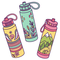 Three colorful and decorative reusable water bottles with unique designs for outdoor adventures and healthy hydration