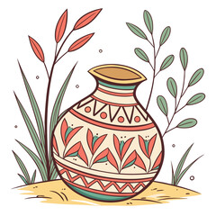 Decorative earthenware pot with floral patterns and surrounding foliage in a simple illustration style
