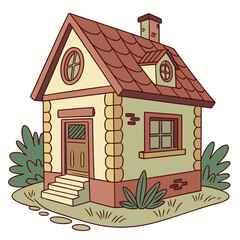 Charming cartoon illustration of a cozy cottage with a red tiled roof and green bushes